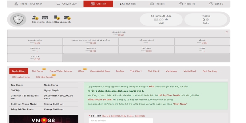 Hướng dẫn chi tiết các thao tác nạp và rút VN88